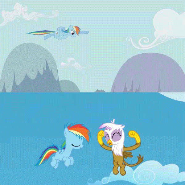 Size: 600x600 | Tagged: safe, screencap, character:gilda, character:rainbow dash, species:griffon, species:pegasus, species:pony, episode:griffon the brush-off, episode:the lost treasure of griffonstone, g4, my little pony: friendship is magic, animated, chickub, comparison, cute, dancing, female, filly, filly rainbow dash, flying, gif, gildadorable, good trick, junior speedsters chant, li'l gilda, mare, smiling, spinning, talking, younger
