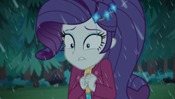 Size: 1903x1080 | Tagged: safe, screencap, character:rarity, episode:inclement leather, g4, my little pony:equestria girls, clothing, female, jacket, marshmelodrama, outdoors, rain, rarity being rarity, sad, solo, suede jacket