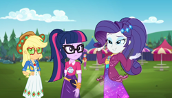Size: 1894x1080 | Tagged: safe, screencap, character:applejack, character:rarity, character:twilight sparkle, character:twilight sparkle (scitwi), species:eqg human, episode:inclement leather, g4, my little pony:equestria girls, applejack's sunglasses, background human, clothing, cloud, fabulous, female, fry lilac, glasses, hat, lidded eyes, male, outdoors, ponytail, sky, trio, trio female