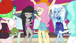 Size: 1267x720 | Tagged: safe, screencap, character:captain planet, character:drama letter, character:fluttershy, character:octavia melody, character:paisley, character:trixie, character:watermelody, episode:i'm on a yacht, g4, my little pony:equestria girls, ass, background human, butt, clothing, female, legs, male, shorts, swimming trunks, swimsuit, valhallen