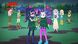 Size: 1280x720 | Tagged: safe, screencap, character:rarity, character:twilight sparkle, character:twilight sparkle (scitwi), species:eqg human, episode:inclement leather, g4, my little pony:equestria girls, background human, boots, clothing, dress, duke suave, feet, female, glasses, high heels, inclement leather: twilight sparkle, legs, male, mud, pantyhose, poncho, ponytail, sandals, shoes, shorts, skirt, snow flower, wet, wet mane, wet mane rarity, wet mane twilight sparkle
