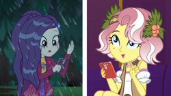 Size: 1280x720 | Tagged: safe, screencap, character:rarity, character:vignette valencia, episode:inclement leather, g4, my little pony:equestria girls, cellphone, clothing, female, hashtag rain hair don't care, inclement leather: vignette valencia, makeup, mascarity, phone, rain, running makeup, smartphone, split screen, vignette valencia, wet, wet hair, wet hairity
