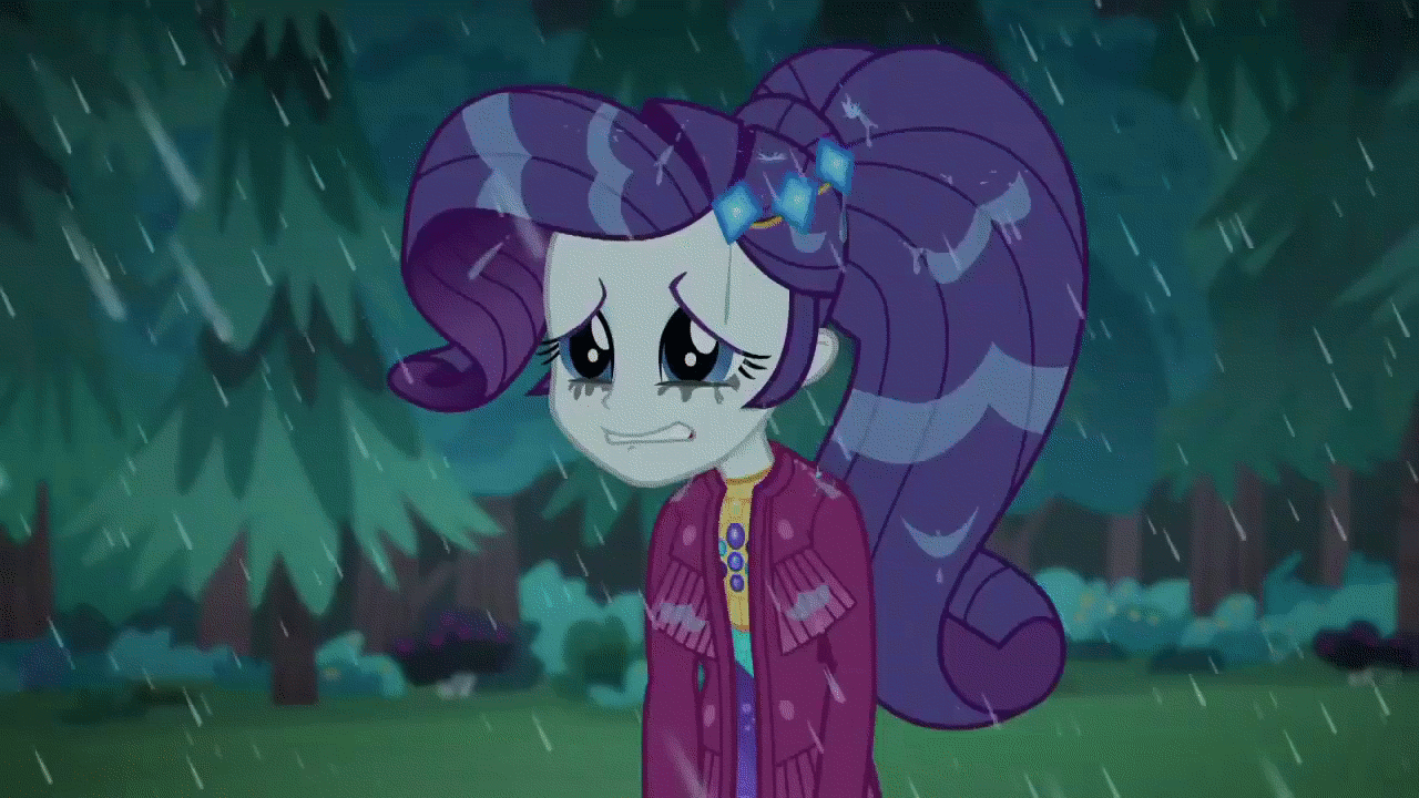 Size: 1280x720 | Tagged: safe, screencap, character:rarity, episode:inclement leather, g4, my little pony:equestria girls, animated, blinking, forest, gif, rain, sad, solo, tree
