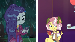 Size: 1280x720 | Tagged: safe, screencap, character:rarity, character:vignette valencia, episode:inclement leather, g4, my little pony:equestria girls, cellphone, clothing, female, inclement leather: vignette valencia, phone, rain, smartphone, vignette valencia, wet, wet hair, wet hairity
