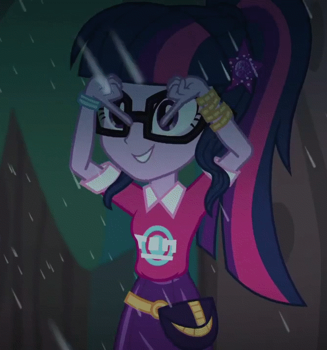 Size: 672x720 | Tagged: safe, screencap, character:twilight sparkle, character:twilight sparkle (scitwi), species:eqg human, episode:inclement leather, g4, my little pony:equestria girls, animated, blinking, cropped, forest, geode of telekinesis, gif, glasses, inclement leather: twilight sparkle, looped, magical geodes, rain, solo, talking, tree