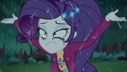 Size: 1280x720 | Tagged: safe, screencap, character:rarity, episode:inclement leather, g4, my little pony:equestria girls, forest, makeup, rain, running makeup, solo, tree