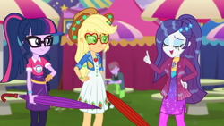 Size: 1280x720 | Tagged: safe, screencap, character:applejack, character:rarity, character:twilight sparkle, character:twilight sparkle (scitwi), species:eqg human, episode:inclement leather, g4, my little pony:equestria girls, applejack's hat, applejack's sunglasses, background human, clothing, cowboy hat, dress, duke suave, eyes closed, female, freckles, glasses, hashtag rain hair don't care, hat, inclement leather: vignette valencia, male, pantyhose, ponytail, skirt, stetson, sunglasses, wet, wet hair, wet hairity, wet mane, wet mane rarity