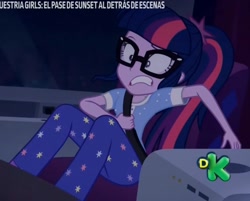 Size: 1002x805 | Tagged: safe, screencap, character:twilight sparkle, character:twilight sparkle (scitwi), species:eqg human, equestria girls:sunset's backstage pass, g4, my little pony:equestria girls, clothing, cropped, glasses, pajamas, seatbelt, shocked face, solo