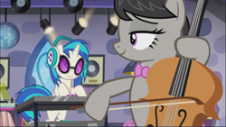 Size: 1669x939 | Tagged: safe, screencap, character:octavia melody, species:earth pony, species:pony, species:unicorn, episode:slice of life, g4, my little pony: friendship is magic, background pony, bipedal, bow, cello, cropped, disco ball, duo, female, headphones, lidded eyes, looking at each other, mare, musical instrument, smiling, synthesizer, turntable