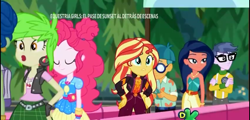 Size: 1280x614 | Tagged: safe, screencap, character:cherry crash, character:desert sage, character:microchips, character:pinkie pie, character:sunset shimmer, equestria girls:sunset's backstage pass, g4, my little pony:equestria girls, cellphone, cherry crash, clothing, crossed arms, desert sage, doodle bug, female, geode of empathy, geode of sugar bombs, glasses, magical geodes, male, pants, phone, smartphone