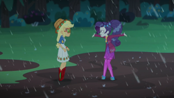 Size: 2208x1242 | Tagged: safe, screencap, character:applejack, character:rarity, episode:inclement leather, g4, my little pony:equestria girls, inclement leather: applejack, mud, mud puddle, rain, wet hair, wet hairity