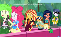 Size: 1165x720 | Tagged: safe, screencap, character:cherry crash, character:desert sage, character:microchips, character:pinkie pie, character:sunset shimmer, equestria girls:sunset's backstage pass, g4, my little pony:equestria girls, cherry crash, crossed arms, desert sage, doodle bug, female, geode of empathy, geode of sugar bombs, magical geodes, male