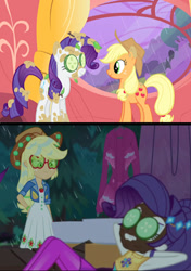 Size: 732x1042 | Tagged: safe, screencap, character:applejack, character:rarity, species:earth pony, species:pony, species:unicorn, episode:inclement leather, episode:look before you sleep, g4, my little pony: friendship is magic, my little pony:equestria girls, armpits, clothes hanger, clothing, comparison, cucumber, curtain, dress, dripping, female, food, golden oaks library, happy, hat, inclement leather: applejack, indoors, jacket, leaves, looking at someone, mud, mud mask, outdoors, rain, shipping fuel, smiling, sunglasses, tree, twig, window