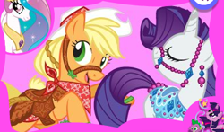 Size: 391x230 | Tagged: safe, official, screencap, character:applejack, character:princess celestia, character:rarity, character:spike, character:twilight sparkle, species:alicorn, species:earth pony, species:pony, species:unicorn, adventures in ponyville, bridle, female, game, mare, saddle