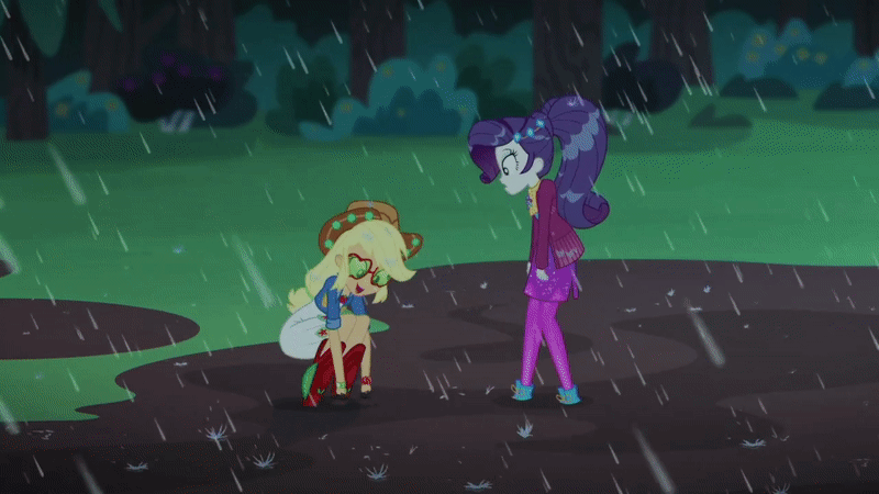 Size: 800x450 | Tagged: safe, screencap, character:applejack, character:rarity, episode:inclement leather, g4, my little pony:equestria girls, animated, applejack's sunglasses, clothing, cowboy hat, digging, disgusted, dress, eyes closed, gif, grass, hat, inclement leather: applejack, jacket, mud, mud puddle, outdoors, rain, showing, standing, sunglasses, tree, wet hair, wet hairity, worm