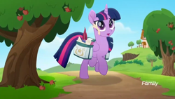 Size: 1366x768 | Tagged: safe, screencap, character:twilight sparkle, character:twilight sparkle (alicorn), species:alicorn, species:pony, friendship is magic: rainbow roadtrip, g4, my little pony: friendship is magic, apple tree, discovery family logo, outdoor, paper, road, saddle bag, solo, tree