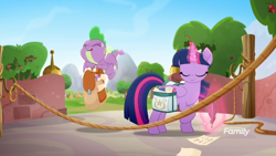 Size: 1366x768 | Tagged: safe, screencap, character:spike, character:twilight sparkle, character:twilight sparkle (alicorn), species:alicorn, species:dragon, species:pony, friendship is magic: rainbow roadtrip, g4, my little pony: friendship is magic, apple tree, backpack, flying, heavy, levitation, lifting, magic, outdoors, paper, quill pen, rope, saddle bag, telekinesis, tree, winged spike