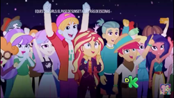 Size: 1280x720 | Tagged: safe, screencap, character:aqua blossom, character:desert sage, character:drama letter, character:scott green, character:scribble dee, character:sunset shimmer, character:watermelody, character:wiz kid, equestria girls:sunset's backstage pass, g4, my little pony:equestria girls, animation error, background human, cellphone, clothing, desert sage, female, geode of empathy, guy grove, magical geodes, male, phone, raspberry lilac, sandy cerise, scott green, smartphone, snow flower, wiz kid