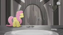 Size: 1364x768 | Tagged: safe, screencap, character:fluttershy, species:pony, friendship is magic: rainbow roadtrip, g4, my little pony: friendship is magic, broken, desaturated, discovery family logo, door, grayscale, keyhole, lamp, light, monochrome, shattered, solo
