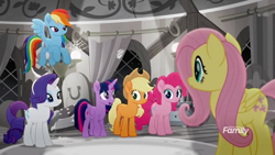 Size: 1366x768 | Tagged: safe, screencap, character:applejack, character:fluttershy, character:pinkie pie, character:rainbow dash, character:rarity, character:twilight sparkle, character:twilight sparkle (alicorn), species:alicorn, species:pony, friendship is magic: rainbow roadtrip, g4, my little pony: friendship is magic, bed, broken, curtains, desaturated, discovery family logo, grayscale, hotel room, lights, mane six, monochrome, window