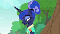 Size: 1920x1080 | Tagged: safe, screencap, character:princess luna, species:alicorn, species:pony, episode:between dark and dawn, g4, my little pony: friendship is magic, alternate hairstyle, beautiful, clothing, eyeshadow, female, frown, hair bun, hawaiian shirt, lidded eyes, looking down, lotta little things, makeup, mare, shirt, solo, tired, vacation