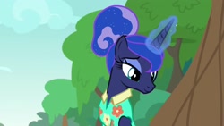 Size: 1920x1080 | Tagged: safe, screencap, character:princess luna, species:alicorn, species:pony, episode:between dark and dawn, g4, my little pony: friendship is magic, beautiful, clothing, eyeshadow, female, folded wings, glowing horn, hair bun, hawaiian shirt, horn, looking down, lotta little things, magic, makeup, mare, shirt, smiling, solo, wings