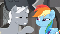 Size: 1366x768 | Tagged: safe, screencap, character:rainbow dash, character:sunny skies, species:pegasus, species:pony, species:unicorn, friendship is magic: rainbow roadtrip, g4, my little pony: friendship is magic, desaturated, discovery family logo, duo, female, freckles, grayscale, male, mare, monochrome, pointing, rainbow dash is not amused, raised eyebrow, raised hoof, squint, stallion, unamused, unsure
