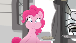 Size: 1366x768 | Tagged: safe, screencap, character:pinkie pie, friendship is magic: rainbow roadtrip, g4, my little pony: friendship is magic, desaturated, discovery family logo, food, grayscale, hope hollow, monochrome, pie, puffy cheeks, solo