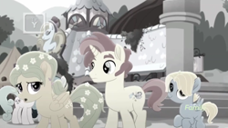 Size: 1366x768 | Tagged: safe, screencap, species:pony, friendship is magic: rainbow roadtrip, g4, my little pony: friendship is magic, background pony, building, colt, dawn droplet, desaturated, discovery family logo, family, father and son, female, flower, grayscale, hope hollow, jasmine breeze, male, monochrome, mother and son, rich harvest, sideburns, unnamed pony