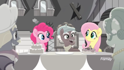 Size: 1366x768 | Tagged: safe, screencap, character:fluttershy, character:pinkie pie, friendship is magic: rainbow roadtrip, g4, my little pony: friendship is magic, apricot, berries, broken, cake, crack, desaturated, discovery family logo, food, grayscale, happy, hoofingtons, mansion, monochrome, moody root, mr. hoofington, mrs. hoofington, plank, table, tablecloth