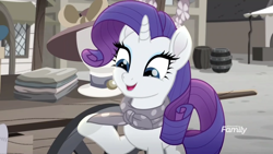 Size: 1366x768 | Tagged: safe, screencap, character:rarity, species:pony, friendship is magic: rainbow roadtrip, g4, my little pony: friendship is magic, barrel, clothing, desaturated, discovery family logo, grayscale, hat, hope hollow, kerchief, monochrome, solo