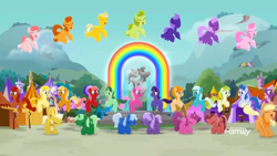 Size: 1366x768 | Tagged: safe, screencap, character:applejack, character:kersplash, species:earth pony, species:pegasus, species:pony, species:unicorn, friendship is magic: rainbow roadtrip, g4, my little pony: friendship is magic, applejack's hat, background pony, blue pony, bow, clothing, cowboy hat, crowd, discovery family logo, dot cutie mark, eyes closed, female, flying, fountain, green pony, hair bow, hat, hill, hope hollow, indigo pony, jumping, kerchief, male, mane bow, mare, neckerchief, orange pony, pink pony, purple pony, rainbow, rainbow formation, red pony, stallion, tent, unnamed pony, yellow pony