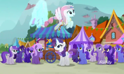 Size: 1280x766 | Tagged: safe, screencap, character:kerfuffle, character:rarity, species:earth pony, species:pegasus, species:pony, species:unicorn, friendship is magic: rainbow roadtrip, g4, my little pony: friendship is magic, background pony, building, clones, crowd, discovery family logo, dot cutie mark, female, flying, glowing horn, hill, hope hollow, horn, indigo, indigo pony, levitation, magic, magic aura, male, mare, purple, stallion, telekinesis, tent, tree, unnamed pony