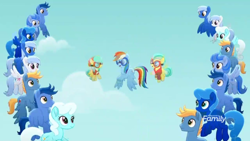 Size: 1366x768 | Tagged: safe, screencap, character:barley barrel, character:pickle barrel, character:rainbow dash, species:pegasus, species:pony, friendship is magic: rainbow roadtrip, g4, my little pony: friendship is magic, background pony, barrel twins, blue, blue pony, clones, cloud, colt, crowd, discovery family logo, dot cutie mark, female, filly, flying, goggles, male, mare, siblings, sky, stallion, twins, unnamed pony