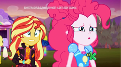 Size: 1280x719 | Tagged: safe, screencap, character:pinkie pie, character:sunset shimmer, equestria girls:sunset's backstage pass, g4, my little pony:equestria girls, background human, crying, discovery kids, geode of sugar bombs, magical geodes, nostrils, sad, spanish, spanish text