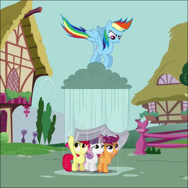 Size: 640x640 | Tagged: safe, screencap, character:apple bloom, character:rainbow dash, character:scootaloo, character:sweetie belle, species:earth pony, species:pegasus, species:pony, species:unicorn, episode:ponyville confidential, g4, my little pony: friendship is magic, animated, cloud, cutie mark crusaders, female, filly, foal free press, jumping, newspaper, rain, rainbow douche, raincloud