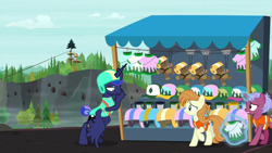 Size: 1920x1080 | Tagged: safe, screencap, character:agua fresca, character:lily peel, character:princess luna, character:rainbowshine, character:raspberry sorbet, character:royal riff, character:sea swirl, character:twinkleshine, species:alicorn, species:earth pony, species:pegasus, species:pony, species:unicorn, episode:between dark and dawn, g4, my little pony: friendship is magic, background pony, clothing, dipper pines' hat, female, geronimo, gravity falls, helmet, magic, male, mare, shirt, stallion, t-shirt, teddy bear