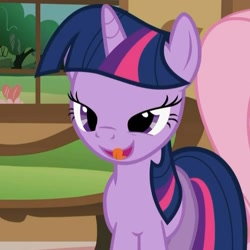 Size: 849x849 | Tagged: safe, screencap, character:fluttershy, character:twilight sparkle, character:twilight sparkle (unicorn), species:pony, species:unicorn, episode:a bird in the hoof, g4, my little pony: friendship is magic, bedroom eyes, bueno, female, licking, licking lips, lidded eyes, looking at you, mare, open mouth, out of context, smiling, solo focus, tongue out