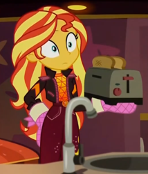 Size: 373x436 | Tagged: safe, screencap, character:sunset shimmer, equestria girls:sunset's backstage pass, g4, my little pony:equestria girls, clothing, cropped, female, geode of empathy, jacket, magical geodes, music festival outfit, oven mitts, pants, toaster