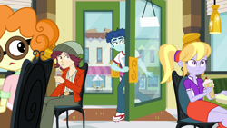 Size: 1920x1080 | Tagged: safe, screencap, character:cloudy kicks, character:curly winds, character:normal norman, character:scribble dee, equestria girls:equestria girls, g4, my little pony:equestria girls, background human, clothing, cloudy kicks, curly winds, drink, female, glasses, male, shoes, sneakers, some blue guy