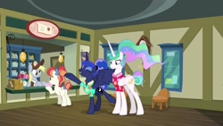 Size: 1920x1080 | Tagged: safe, screencap, character:derpy hooves, character:princess celestia, character:princess luna, character:rainbow stars, species:pony, episode:between dark and dawn, g4, my little pony: friendship is magic, alternate hairstyle, clothing, happy, post office, shirt, that pony sure does love the post office