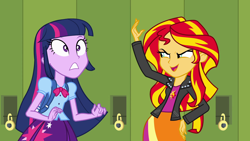 Size: 1920x1080 | Tagged: safe, screencap, character:sunset shimmer, character:twilight sparkle, character:twilight sparkle (alicorn), species:alicorn, species:pony, equestria girls:equestria girls, g4, my little pony:equestria girls, backpack, clothing, female, jacket, leather, leather jacket, lockers, pleated skirt, skirt