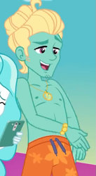 Size: 395x720 | Tagged: safe, screencap, character:paisley, character:zephyr breeze, episode:i'm on a yacht, g4, my little pony:equestria girls, bare chest, cellphone, clothing, male, offscreen character, partial nudity, phone, shorts, smartphone, smiling, swimming trunks, topless, zephyr's necklace