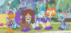 Size: 1320x610 | Tagged: safe, screencap, character:creamy nougat, character:lighthoof, character:ocellus, character:shimmy shake, character:smolder, character:sunshower raindrops, character:yona, species:changedling, species:changeling, species:dragon, species:earth pony, species:pegasus, species:pony, species:reformed changeling, species:yak, episode:2-4-6 greaaat, background pony, background pony audience, cheerleader ocellus, cheerleader outfit, cheerleader smolder, cheerleader yona, clothing, cute, diaocelles, dragoness, eyes closed, female, filly, gooseberry, lightorable, mare, monkey swings, pleated skirt, pom pom, shakeabetes, skirt, smolderbetes, unnamed pony, yonadorable