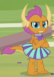 Size: 476x680 | Tagged: safe, screencap, character:smolder, species:dragon, episode:2-4-6 greaaat, betrayed, cheerleader, cheerleader outfit, cheerleader smolder, claws, clothing, confetti, crossed arms, cute, cute when angry, displeased, dragoness, female, folded wings, frown, horns, kid, looking at you, skirt, slit eyes, smolder is not amused, smolderbetes, solo, teenaged dragon, teenager, toes, unamused, upset