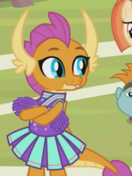 Size: 695x922 | Tagged: safe, screencap, character:shimmy shake, character:smolder, character:snips, episode:2-4-6 greaaat, cheerleader outfit, cheerleader smolder, clothing, cropped, cute, pleated skirt, pom pom, skirt, smolderbetes, solo focus