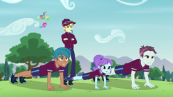Size: 1280x720 | Tagged: safe, screencap, character:crystal lullaby, character:pinkie pie, character:rainbow dash, episode:pinkie spy, g4, my little pony:equestria girls, background human, balloon, cap, carlos thunderbolt, clothing, coach rommel, female, hat, legs, male, push-ups, shoes, shorts, sky, track starr