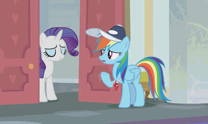 Size: 699x416 | Tagged: safe, screencap, character:rainbow dash, character:rarity, species:pony, episode:2-4-6 greaaat, animated, cheerleader outfit, coach rainbow dash, cute, dashabetes, rainbow dashs coaching whistle, raribetes, whistle