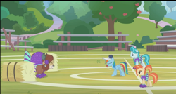 Size: 844x453 | Tagged: safe, screencap, character:lighthoof, character:rainbow dash, character:shimmy shake, character:yona, episode:2-4-6 greaaat, blowing, blowing whistle, cheering, cheerleader, cheerleader outfit, cheerleader yona, clothing, coach, coach rainbow dash, coaching cap, cute, hat, hay, hay bale, puffy cheeks, rainblow dash, rainbow dashs coaching whistle, stomping, that pony sure does love whistles, whistle