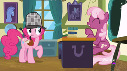 Size: 1920x1080 | Tagged: safe, screencap, character:cheerilee, character:pinkie pie, character:princess celestia, species:pony, episode:secrets and pies, g4, my little pony: friendship is magic, clothing, deerstalker, desk, detective, discovery family logo, eyes closed, happy, hat, pipe, watermark